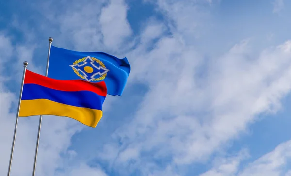 亚美尼亚和集体安全条约组织的旗帜 蓝色天空和旗帜亚美尼亚和集体安全条约组织 友谊亚美尼亚和集体安全条约组织 3D作品和3D图像 — 图库照片