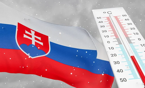 厳しい寒さ 負の温度でスロバキアの冬 スロバキアの寒い季節 スロバキアで最も寒い天候 温度計でスロバキアをフラグします 3D作品と3D画像 — ストック写真