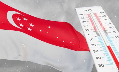 Singapur 'da kış, şiddetli soğuk, negatif sıcaklık, Singapur' da soğuk mevsim, Singapur 'un en soğuk havası, termometresi olan Flag Singapur. 3B çalışma ve 3B resim