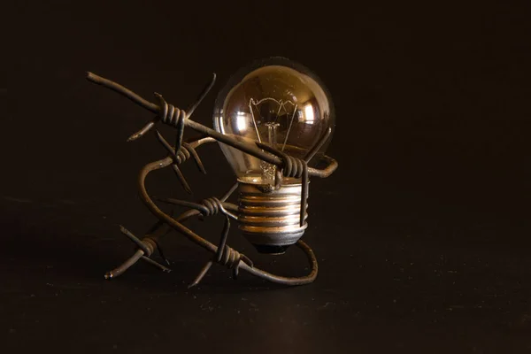 Konzept Krise Der Elektrizität Glühbirne Mit Stacheldraht Auf Schwarzem Hintergrund — Stockfoto