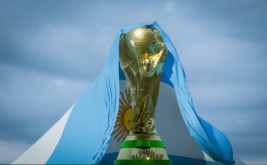 Arjantin. FIFA Dünya Kupası Arjantin bayrağı, Dünya Kupası 2022 Katar futbol şampiyonu, 3D çalışması ve 3D görüntü, Erivan, Ermenistan - 2022 Ekim 04