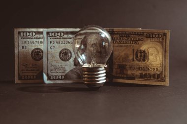 Elektrik krizi kavramı, elektrik ampulü ve kara fon üzerine Amerikan doları banknotu, konsept kriz ekonomisi, enerji krizi
