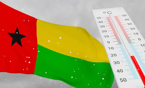 Winter in Guinea-Bissau with severe cold, negative temperature, Cold season in Guinea-Bissau, cruelest coldest weather in Guinea-Bissau, Flag Guinea-Bissau with thermometer. 3D work and 3D image