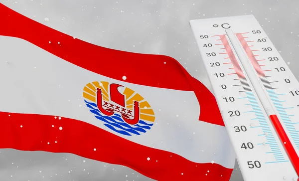 Winter in French Polynesia with severe cold, negative temperature, Cold season in French Polynesia, cruelest coldest weather in French Polynesia, Flag French Polynesia with thermometer. 3D work and 3D image