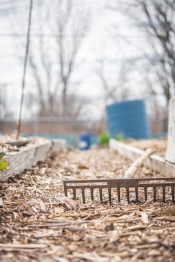 Gardening rake left on the floor of a community garden during a cloudy day 