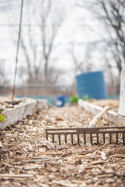 Gardening rake left on the floor of a community garden during a cloudy day 