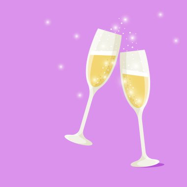 Leylak arkaplanda sarı şampanya bardakları. Parti, Noel. Doğum günü partisi. 