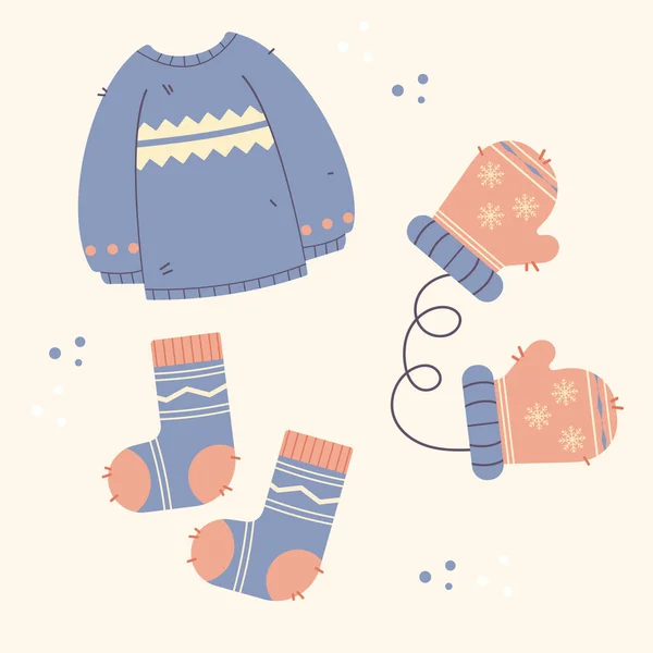 Winterkleidung Pullover Handschuhe Socken Blau Und Beige — Stockvektor