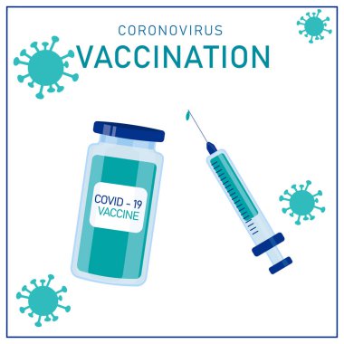 Coronavirus aşısı. Beyaz zemin üzerinde şırınga ve aşıyla birlikte poster.