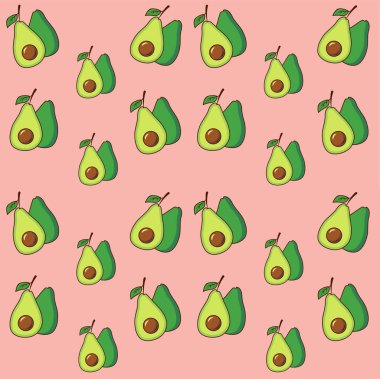 Avokado yarımları pembe arka planda pürüzsüz desenler oluşturuyor. Meyve..