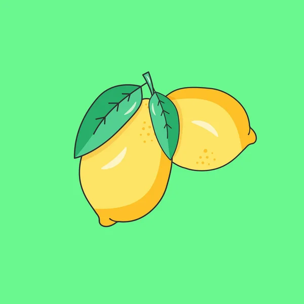 Citrons Deux Jaunes Avec Une Feuille Sur Fond Vert — Image vectorielle