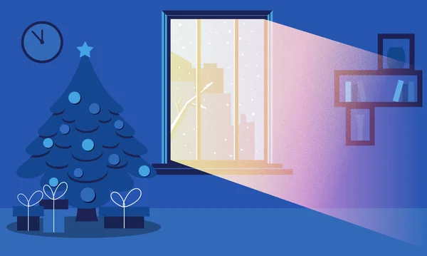 クリスマスツリーと冬の窓の夜 — ストックベクタ
