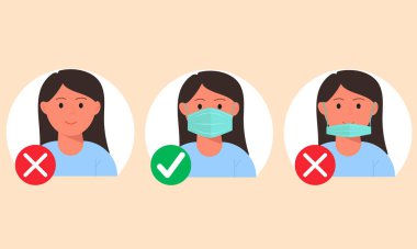 No entry without wearing a mask. Woman with and without a medical mask. Infographic. clipart