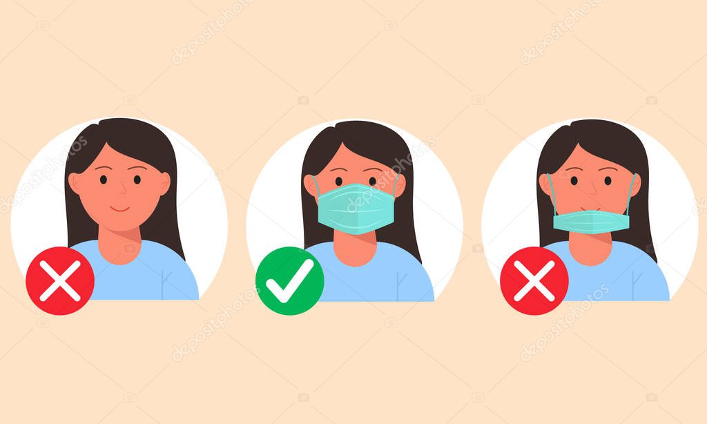 No entry without wearing a mask. Woman with and without a medical mask. Infographic.
