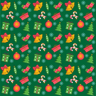 Yeşil arka planda Noel deseni kusursuz. Çan, hediye, oyuncak, Noel ağacı.