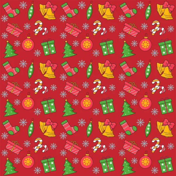 Vzor Vánoce Hladké Červeném Pozadí Zvon Dárek Hračka Vánoční Stromek — Stockový vektor