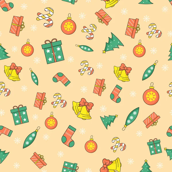 Weihnachten Muster Nahtlos Auf Hellem Hintergrund Glocke Geschenk Spielzeug Weihnachtsbaum — Stockvektor