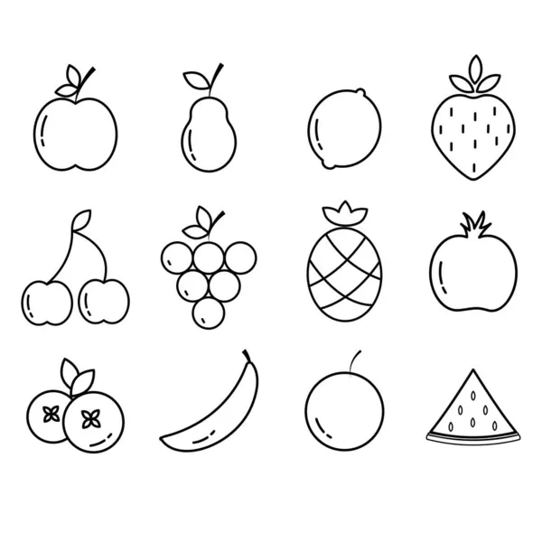 Set Van Fruit Iconen Zwart Wit — Stockvector