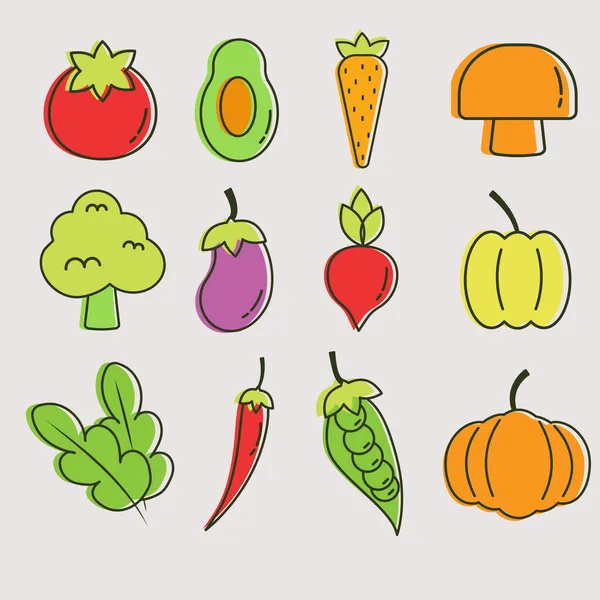 Conjunto Iconos Verduras Colores Jugosos — Vector de stock