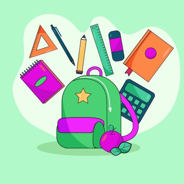 Sırt çantası, içinde okul malzemeleri olan yeşil bir çanta. Sonbahar. Okula dönelim. Hesap makinesi, defter.