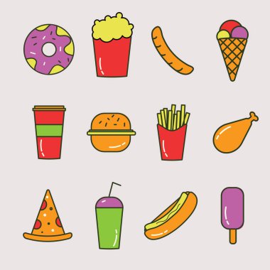 Farklı renklerde fast food ikonları..