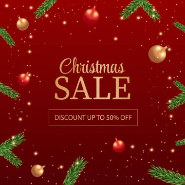 Noel ağacı dalları ve balonlarla kırmızı arka planda gerçekçi bir Noel indirimi.