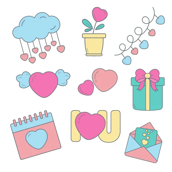 Set Elementos Del Día San Valentín Corazón Carta Regalo — Vector de stock