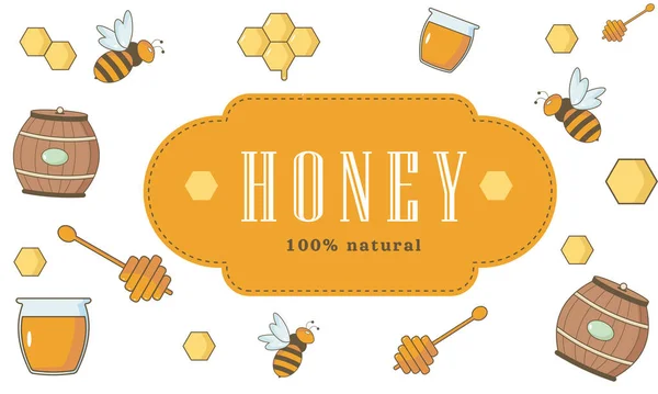 Honigbanner Plakat Hintergrund Mit Bienen Fass Glas — Stockvektor