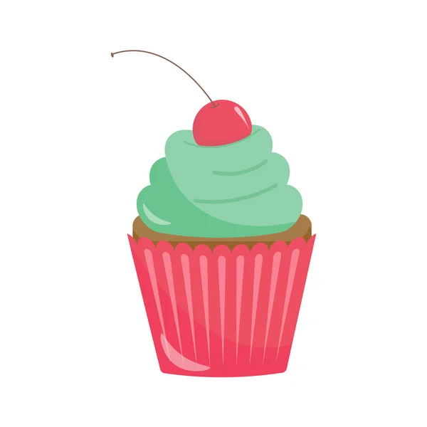 Festlich Gefärbter Cupcake Mit Grüner Sahne Und Kirschen — Stockvektor