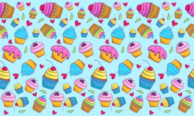 Kusursuz yemek düzeni mavi arka planda parlak kekler.