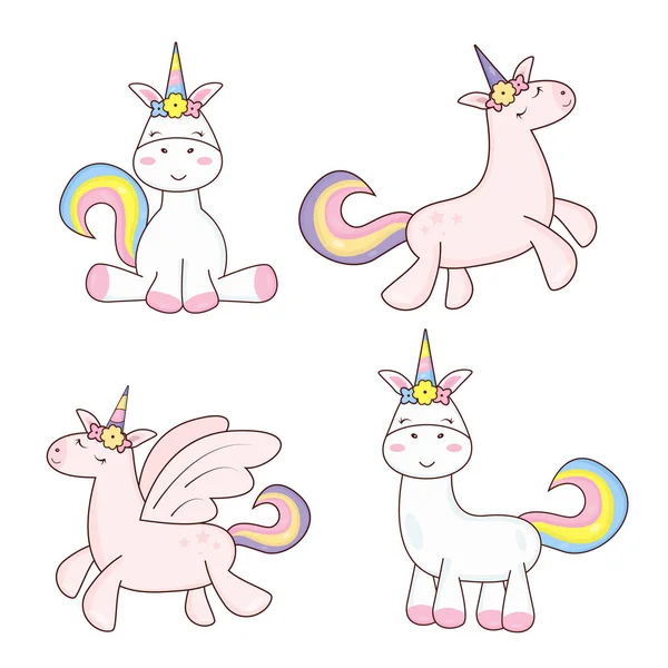 Set Pink Characteristic Unicorns Sitting Standing — Stock Vector