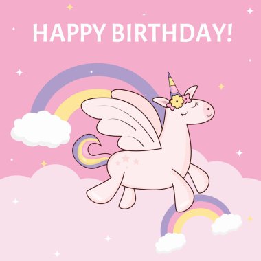 Gökkuşağı kanatlı ve bulutlarda yıldızlar olan tek boynuzlu at.