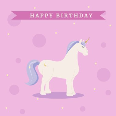 Açık pembe tek boynuzlu atın doğum günü kartı.