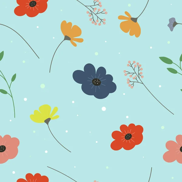 青い背景に葉を持つシームレスな花模様青い背景に葉を持つシームレスな花模様 — ストックベクタ