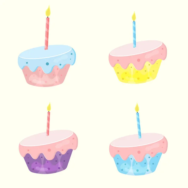 Uppsättning Födelsedagstecknad Tårta Med Ett Ljus — Stock vektor