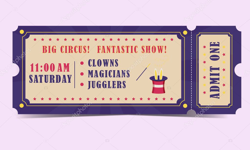 Blue Circus Ticket. CLOWNS MAGICIANS JUGGLERS