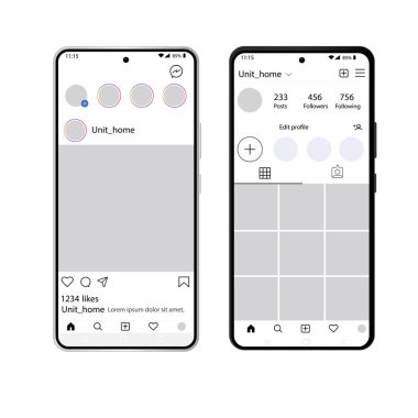 Mobil Instagram arayüz şablonu siyah ve beyaz