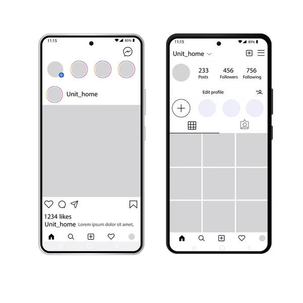 Mobil Instagram arayüz şablonu siyah ve beyaz