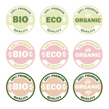 Eko, Bio, Organik Ürünler etiketi, etiketi, rozeti ve logosu. % 100 premium kalite. Çevre dostu rozet. Organik ve çevre dostu ürünler için logo şablonu. 