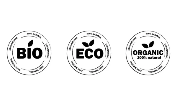 Siyah beyaz Eko, Bio, Organik Ürünler etiketi, etiketi, rozeti ve logosu. Ekoloji rozeti. Organik ve organik ürünler için logo şablonu. Vektör illüstrasyonu.