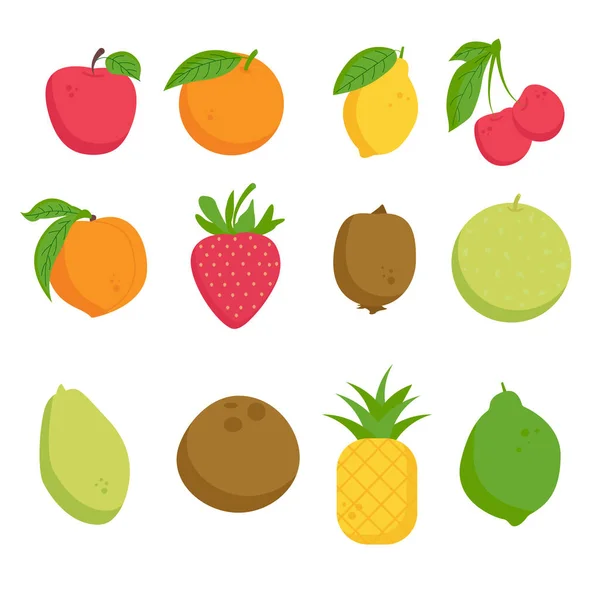 Set Painted Fruits Apple Orange Lime Lemon Cherry Peach Strawberry — Image vectorielle