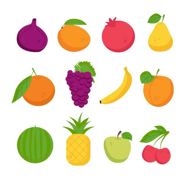 Fruit Set Grape Fig Mango Apple Pineapple Pomegranate Pear Banana — Image vectorielle