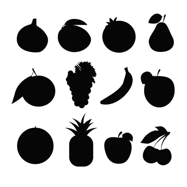 Fruit Set Silhouette Grape Fig Mango Apple Pineapple Pomegranate Pear — стоковый вектор