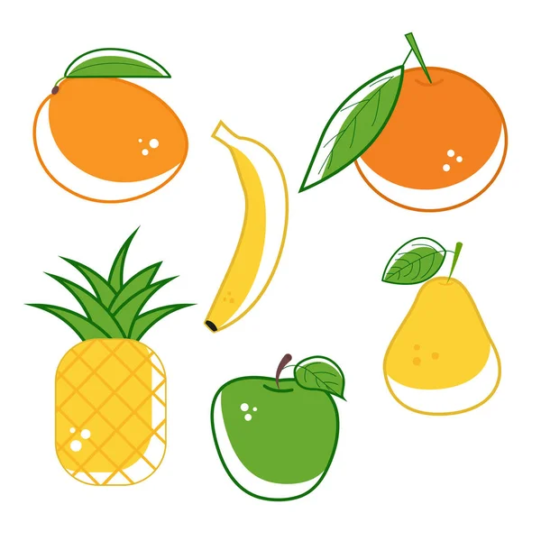 Set Fruits Bright Style Mango Banana Orange Pineapple Apple Pear — Image vectorielle