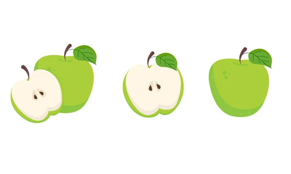 一组不同的绿色苹果 一块半的 — 图库矢量图片