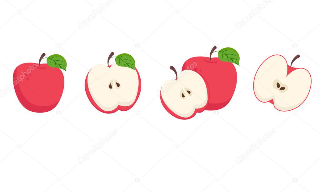 A set of different apples, a cut and a half