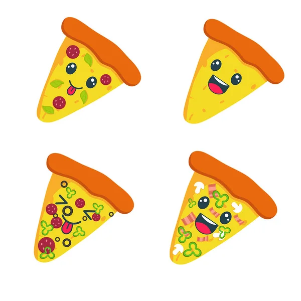 Kawaii Pizza Slices Different Flavors Illustration Fast Food — Vettoriale Stock