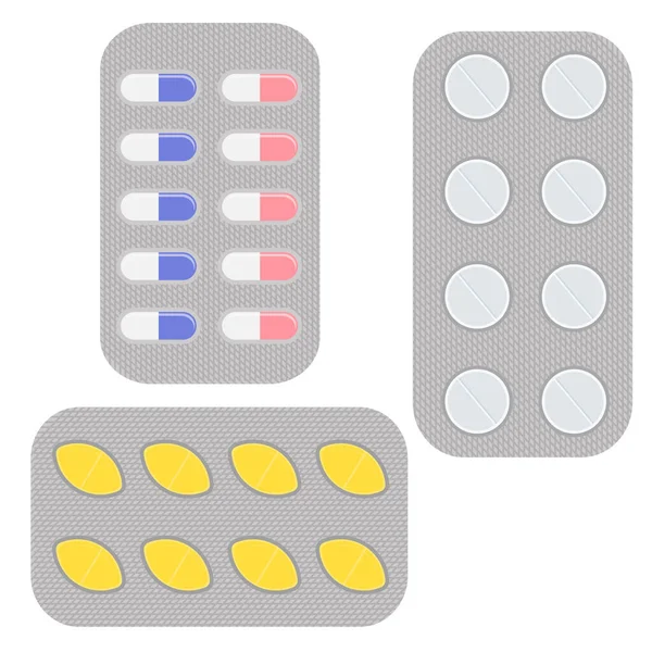 Een Set Blisterverpakkingen Met Tabletten Verschillende Kleuren Aspirine Antibiotica Pijnstillers — Stockvector