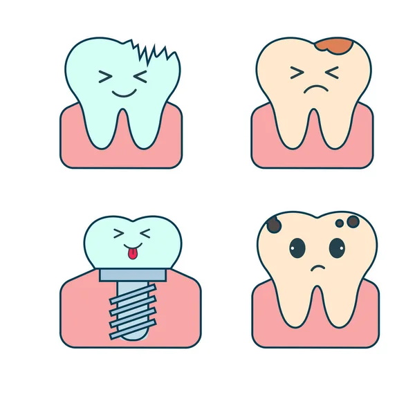 Dientes Dibujos Animados Kawaii Con Emociones Positivas Negativas — Vector de stock