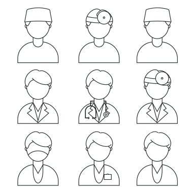 Bir doktor, üniformalı bir hemşire. Düz stil bir adam. Satır biçiminde vektör illüstrasyonu.